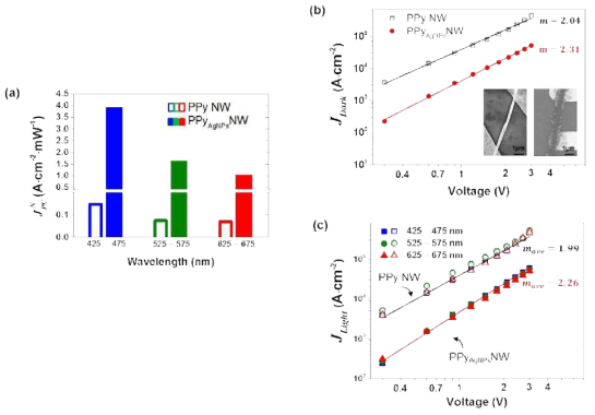 (a) 광세기 보정 광전류 밀도의 RGB lights 응답. PPy 나노선과 은 나노입자 부착 PPy 나노선 소자들의 전류 밀도 곡선: (a) Dark current density, (b) Current density under light irradiation
