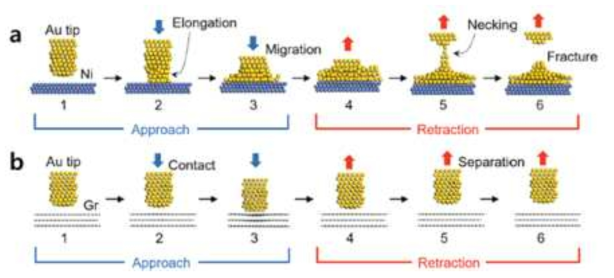 원자 스케일의 팁 계면 시뮬레이션. (a) Au팁과 Ni표면에서 팁의 움직임에 따른 팁 원자구조 변화. (b) 그래핀 표면 위에서 Au팁의 원자구조 변화