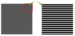 Grid의 투과함수를 사용하여 영상화한 200 LP/inch grid 영상(좌)과 그 확대영상(우)