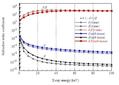 X-선 에너지 범위 1-100 keV에 대해 시뮬레이션 팬텀을 구성하는 연부조직과 물에 대한 복소굴절률 성분들의 비교