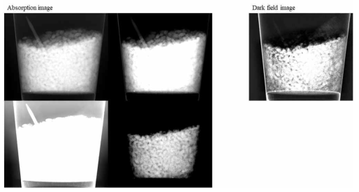 이쑤시개, 쌀, 믹스커피, 스티로폼을 섞은 팬텀을 관전압 22 kVp, 관전류 40mA, 조사시간 3.6 sec의 x-선관 촬영조건에서 획득한 흡수 x-선 영상(左)과 암장 영상(右)의 화질울 비교 한 예