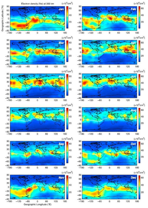 Monthly plots of the electron density at 300 km altitude in the global constant local time maps at 20 LT (Lin et al.,2010)