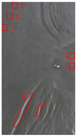 샘플 위치를 표시한 남중국해 동사군도 인근 내부파를 촬영한 TerraSAR-X ATI 영상