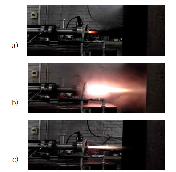 Snapshot of staged combustion at a) 2, b) 4, and c) 7 seconds of test operation