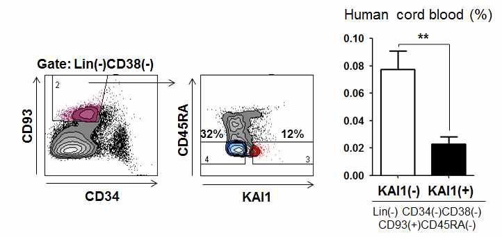 인간 유래 제대혈을 분리하여 최상위 조혈모세포에서 KAI1이 발현하는 것을 FACS를 통해 확인