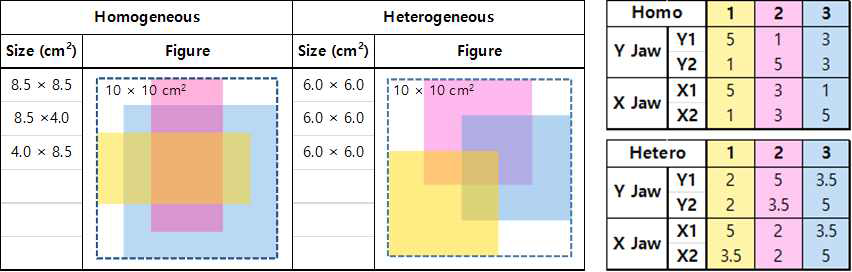 균질 및 비균질 매질에 대하여 선량분포 평가를 위해 측정된 세 가지 필드