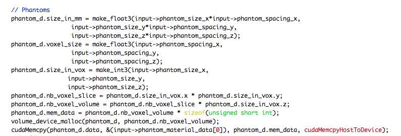 GPU 상에서 phantom내의 dose 연산을 수행하는 CUDA code 일부분