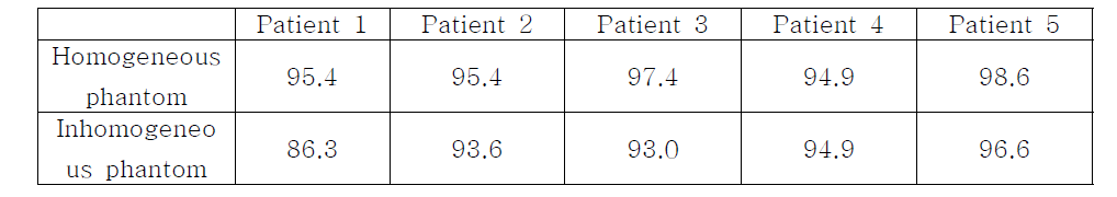 균질한 팬텀과 불균질한 팬텀에서 3%/3mm gamma evaluation을 통한 알고리즘 검증