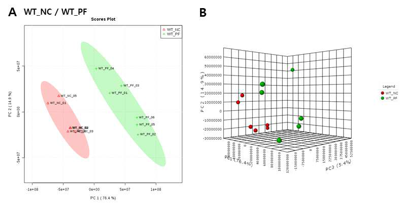 정상쥐와 음식중독 쥐에서의 대사체 주성분 분석(PCA) 결과 (A) 주성분 1 (76.4%)과 주성분 2 (14.9%)로 나타낸 2D score plot 데이터 (WT_NC n= 6, WT_PF n=6). (B) 주성분 1 (76.4%), 주성분 2 (14.9%), 주성분 3 (5.4%)로 나타낸 3D score plot 데이터(WT_NC n= 6, WT_PF n=6). 음식중독 동물과 대조군 사이의 대사체 구성에 차이가 있음을 알 수 있음