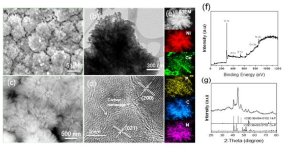 (a, c) NiBM-ZIF-P의 SEM 이미지, (b) TEM 이미지, (d) HR-TEM 이미지. (e) NiBM-ZIF-P의 Ni, Co, P, C, N에 대한 STEM 및 해당 요소 매핑 이미지. (f) XPS 조사 스펙트럼 및 (g) NiBM-ZIF-P의 XRD 패턴