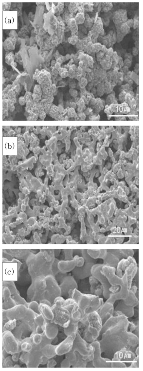 Al 15wt%함유 Ni-Al 합금 분말의 500℃의 열처리 시간에 따른 SEM 사진 (a) 3시간, (b) 10시간, (c) 20시간