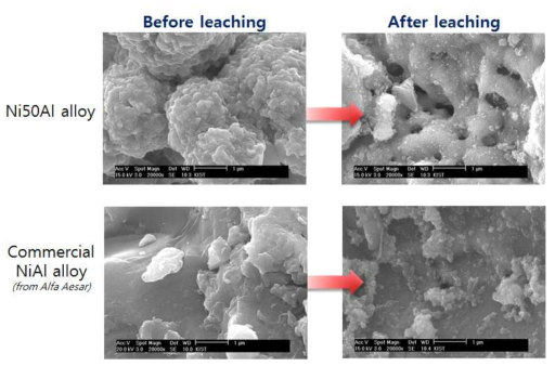 Ni50Al 합금 분말과 상용 NiAl 합금분말의 NaOH를 이용한 aluminum leaching 전후의 표면 형상 (NaOH 5M, 110℃항온조, 180분)