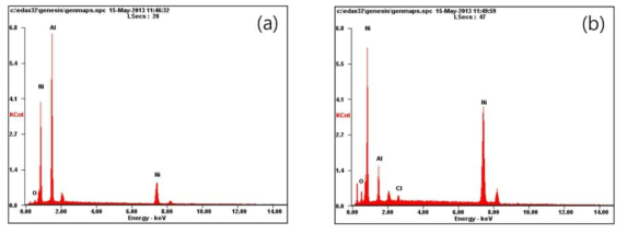 그림 131의 Ni50Al 합금 분말의 aluminum leaching 전(a), 후(b)의 EDS 결과