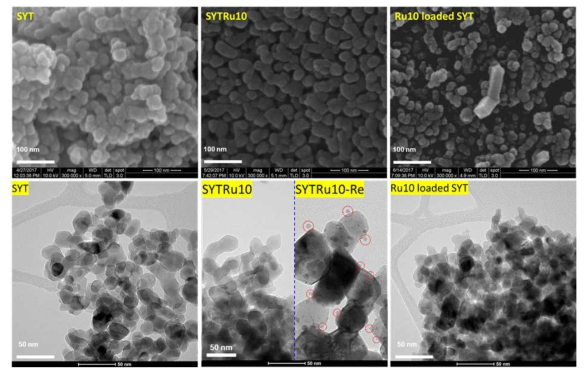 SYT, SYTRu10 그리고 Ru10 담지 SYT 촉매의 합성 및 환원 처리 후 SEM 및 TEM 이미지