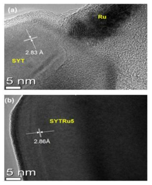 (a) Ru-SYT 및 (b) SYTRu 연료극의 TEM 사진