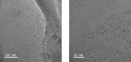 5 mM GSH가 포함된 pH 5.0 아세테이트 완충액에 망간 산화물을 처리한 후 촬영한 TEM 사진. GSH와 반응 후 나노입자가 분해되어 사라 졌음을 알 수 있음