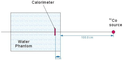 한국표준연구원의 표준선원 측정 장치 전산모사 개요도. 물팬텀 내 깊이 5cm 위치에 칼로리미터를 위치시켰다