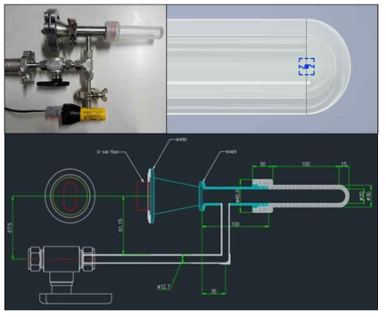 열량계 시작품 사진(왼쪽 위)과 설계도 (아래). 이를 바탕으로 구성한 검출기 2차 모델 전산모사 시스템 (오른쪽 위)