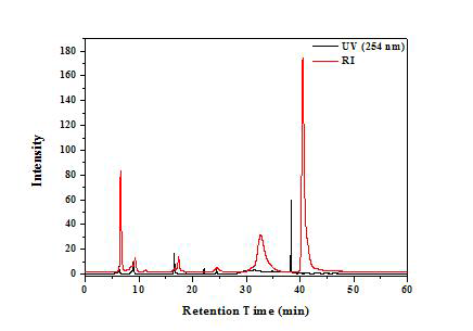 합성 후 Ga-68-p-SCN-Bn-DOTA-캡사이신의 RP-HPLC 크로마토그램 (RI : 붉은색 선, UV : 검정색 선) (Rt: 40.5 분)