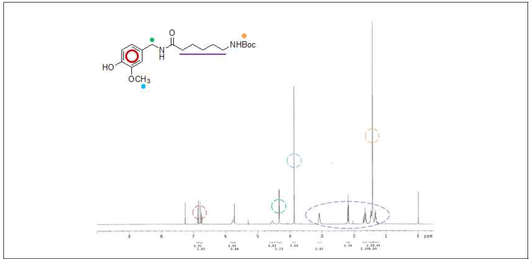 (tert-butyl 6-(4-hydroxy-3-methoxybenzylamino)-6-oxohexylcarbamate)의 1H-NMR 스펙트럼