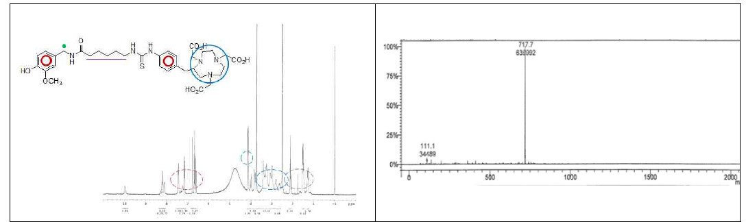 전구물질 (SCN-Bn-NOTA-capsaicin)의 1H-NMR 스펙트럼 및 질량분석 스펙트럼