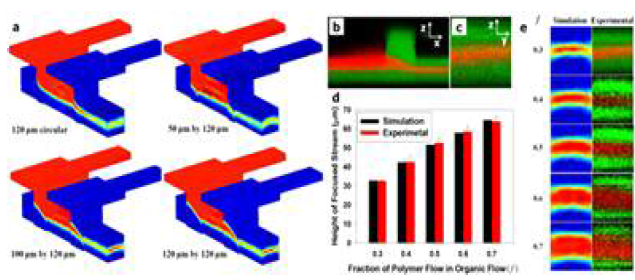 (a) 상호연결 구멍의 구조(사각형, 직사각형 또는 원형) 및 크기(50~120 μm)에 따른 시뮬레이션 사진, 3D HFF의 단면 형광 현미경 사진 (b)옆면,(c) 앞면 사진, (d) 유기용매 흐름안에 폴리머 흐름 (f)에 따른 폴리머릭 스트림의 높이 변화 (e) 시뮬레이션과 형광현미경 이미지의 단면 비교