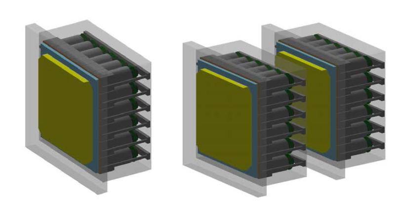 Geant4로 모델링한 섬광 검출기 모듈(좌) 및 콤프턴 영상장치(우)