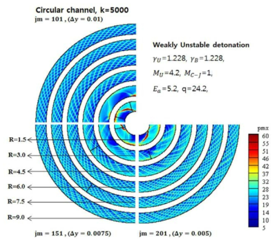 Numerical smoked foil record showing the dependency of detonation cell structures on the radius of curvature for different grid resolution