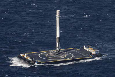 Falcon 9’s 1st stage on an ASDS (Autonomous Spaceport Drone Ships) barge after the 1st successful landing at sea
