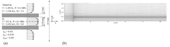 (a) 실험 장치 구성 및 유동 조건, (b) 해석 영역 격자의 일부 (주연소기 241×51 grid)