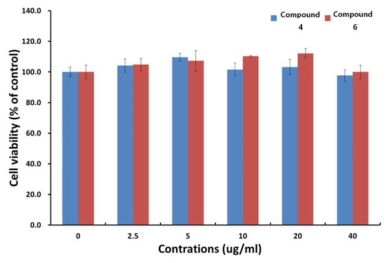 Compound 4와 6의 다양한 농도에서의 Cell viability (L-929: fibroblast)