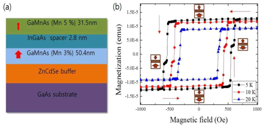 (a) 수직 자화를 가지는 다층구조 (b) 수직 자화를 가지는 다층구조의 자기장 변화에 따른 자화량의 변화