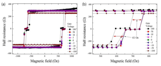 (a) 수직 자화 다층구조로 제작된 gate 제어 소자를 이용하여 gate 전압을 바꾸어 주며 측정된 Hall 저항. (b) 게이트 전압에 의한 Hall 저항의 변화
