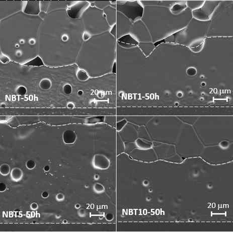 SEM micrographs of (1-x)(Na0.5Bi0.5)TiO3-xSrTiO3 single crystals grown at 1250°C for 50 h