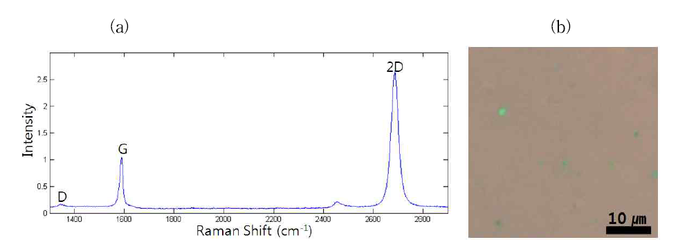 순수 그래핀의 라만 스펙트럼과 현미경 이미지 (관련 실적: W, Lee. et al. Nano Lett, 2017, 17, 4, 2361)