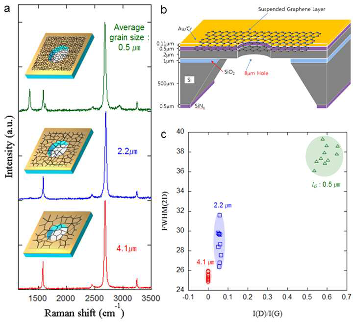 (a) 결정 크기에 따른 각 그래핀의 라만분광 스펙트럼, (b) 8 ㎛ 구멍 위에 매달린 상태의 그래핀에 대한 모식도, (c) 라만 D 피크 대 G 피크에 대한 라만 2D 피크의 FWHM (관련 실적: W, Lee. et al. Nano Lett, 2017, 17, 4, 2361)