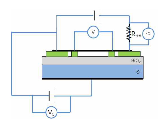 그래핀의 전기전도도 측정 실험 장치 모식도