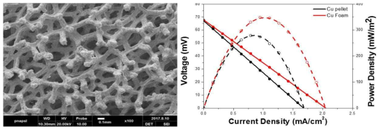Cu Foam의 SEM morphology(좌)와 Cu Foam을 활용한 전극의 열-전기화학 성능 평가(우)