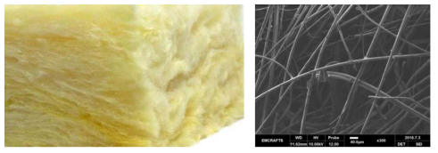단열재로 사용되는 Glasswool의 실제 image(위)와 SEM image(아래)