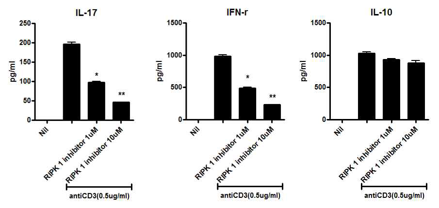 정상 마우스의 비장세포에서 RIP1K inhibitor 처리에 의한 염증성 사이토카인 감소 및 효과 관찰