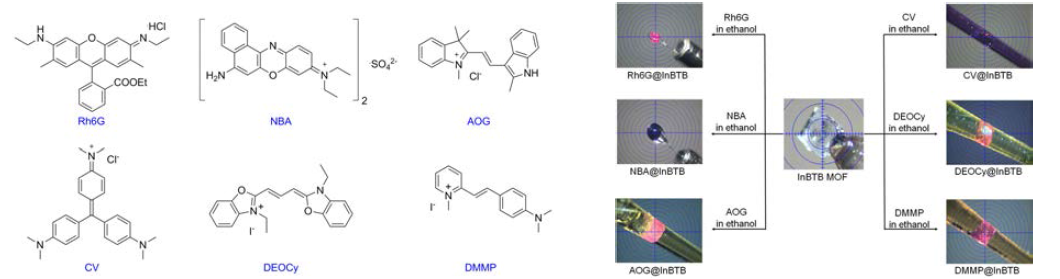 In-BTB MOF에 담지된 크기와 모양이 다른 다양한 Dye 들의 화학구조와 6가지 종류의 양이온성 Dyes가 담지된 In-BTB MOF X-선 회절분석 시 얻은 결정 사진들