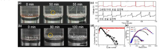 (a) 구리 호일 표면에서 알칼리 금속 덴드라이트의 성장 이미지. (b) 그래핀이 성장된 구리 호일에서의 알칼리 금속 덴드라이트의 성장 완화 이미지 (c) 충, 방전에 따른 포텐셜 및 사이클 변화 및 (d) 쿨롱 효율 그래프 (e) 사이클에 따른 구리 호일과 그래핀 성장된 구리 호일 표면에서의 저항 측정