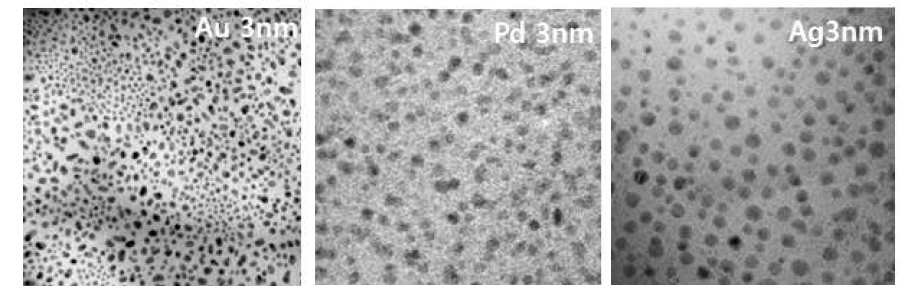 lipid membrane 위 Au, Pd, Ag 3nm TEM image