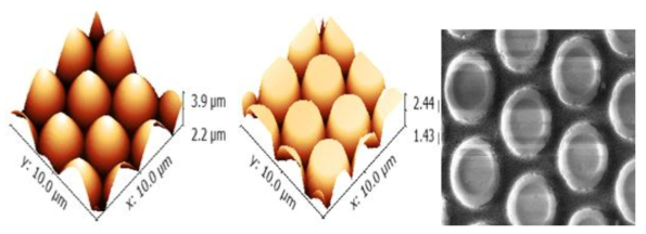 Polished PSS wafer의 AFM이미지 및 SiO2 dot을 채워놓은 FE-SEM 이미지