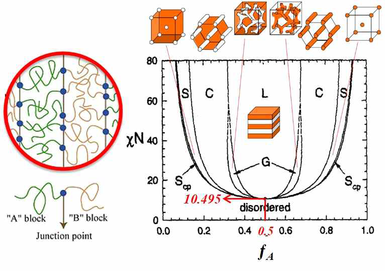 블록공중합체의 상다이어그램 (phase diagram)과 다양한 나노구조들에 대한 모식도