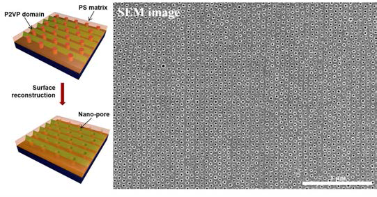 블록공중합체 표면재구성 (surface reconstruction) 모식도와 나노 기공이 형성된 S2VP245k 필름 표면의 SEM 이미지