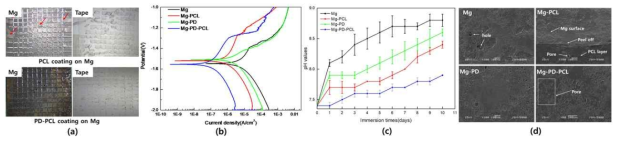 폴리도파민과 PCL코팅의 (a)밀착특성, (b)동전위분극, 침적시험에 따른 (c)pH와 (d)표면형상