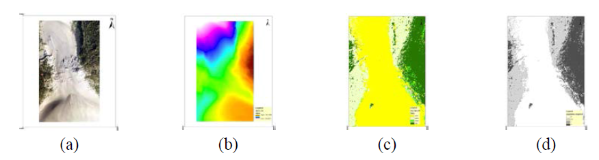 입력데이터 : (a) ortho image (b) DEM (C) vegetation type (d) vegetation height