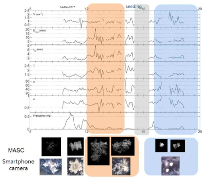 Time series of quantitative estimations and images of snowflakes taken by MASC on March 14, 2017 at Daegwalleyung