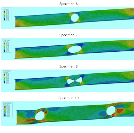 Deformed shape and maximum principal stress distribution at 5% story drift, including large displacement effects